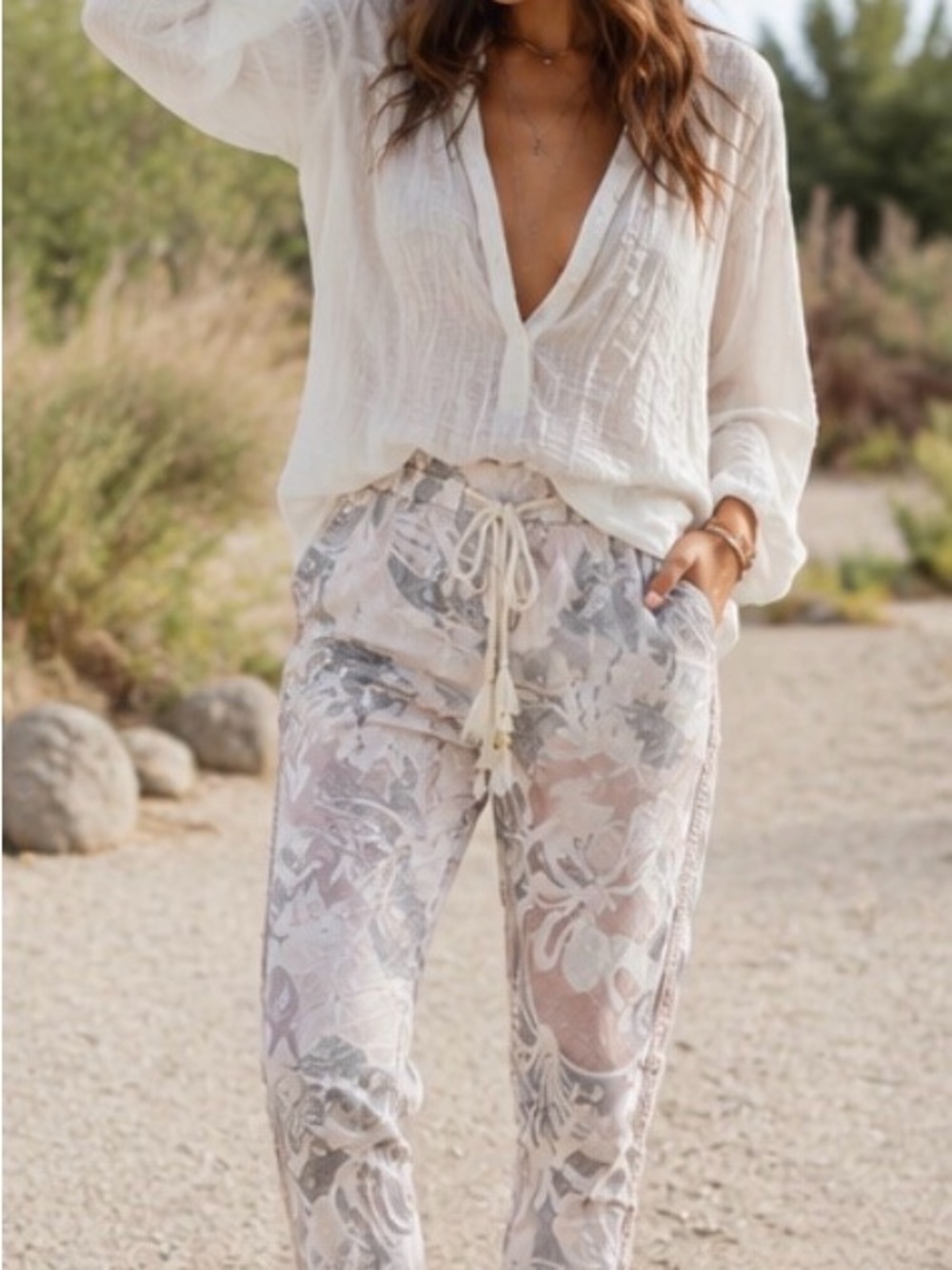 The Porter Collective Tropical Leaf Print Drawstring Jogger Pants Boho Resort S - Picture 2 of 3